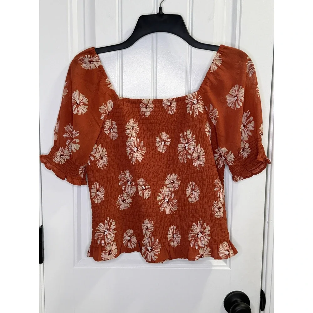 Madewell Lucie Smocked Puff Sleeve Top XS Orange Floral Cottagecore Boho Summer